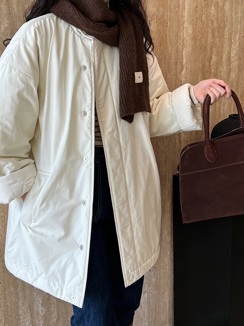 [LANMREM] Office Lady Cotton Padded Coat For Women Stand Neck Single Breasted Minimalism Warm Jackets 2024 Winter New 26C1339