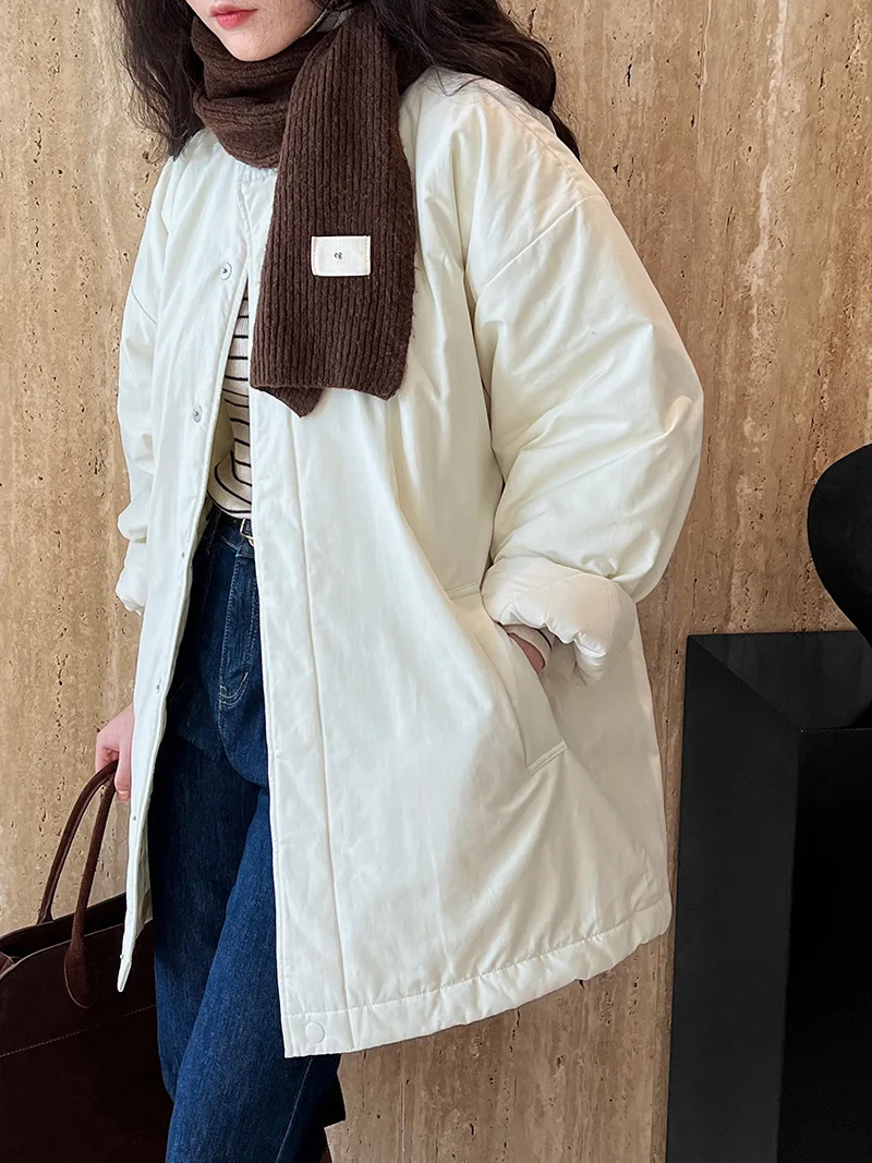 [LANMREM] Office Lady Cotton Padded Coat For Women Stand Neck Single Breasted Minimalism Warm Jackets 2024 Winter New 26C1339