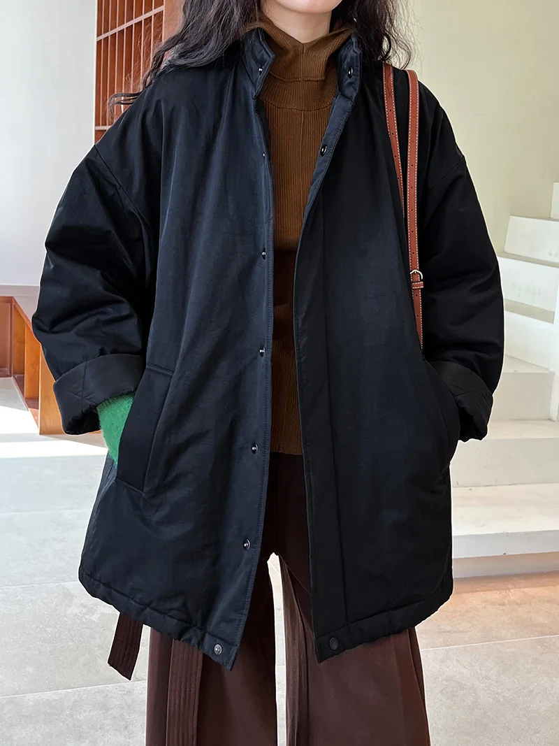 [LANMREM] Office Lady Cotton Padded Coat For Women Stand Neck Single Breasted Minimalism Warm Jackets 2024 Winter New 26C1339