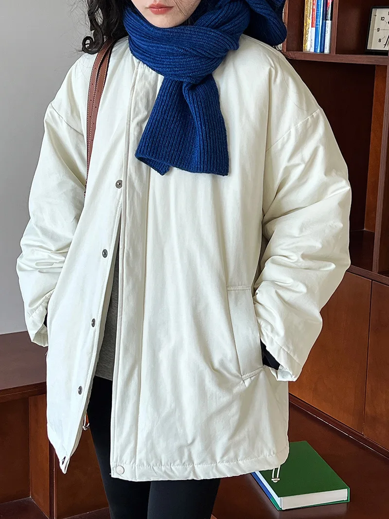 [LANMREM] Office Lady Cotton Padded Coat For Women Stand Neck Single Breasted Minimalism Warm Jackets 2024 Winter New 26C1339