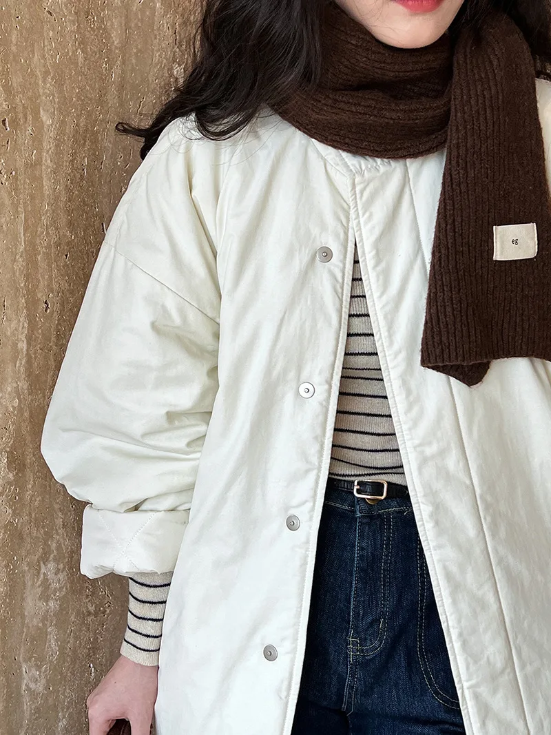 [LANMREM] Office Lady Cotton Padded Coat For Women Stand Neck Single Breasted Minimalism Warm Jackets 2024 Winter New 26C1339
