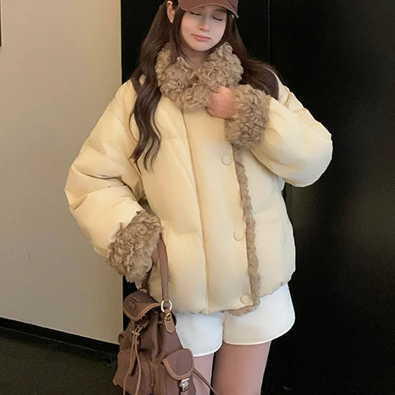 Women's Winter Cotton-padded Coat with Faux Lambswool Collar 2026 Thicken Warm Parkas Woman Preppy Style Casual Cotton Jacket