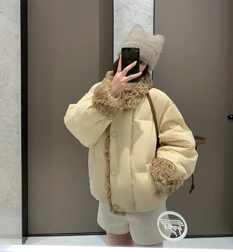 Women's Winter Cotton-padded Coat with Faux Lambswool Collar 2026 Thicken Warm Parkas Woman Preppy Style Casual Cotton Jacket