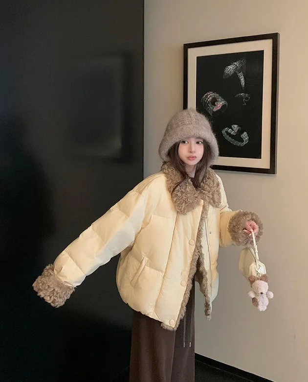 Women's Winter Cotton-padded Coat with Faux Lambswool Collar 2026 Thicken Warm Parkas Woman Preppy Style Casual Cotton Jacket