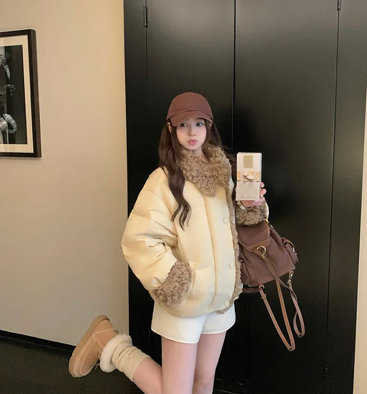 Women's Winter Cotton-padded Coat with Faux Lambswool Collar 2026 Thicken Warm Parkas Woman Preppy Style Casual Cotton Jacket