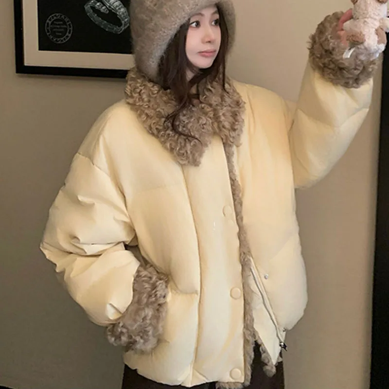 Women's Winter Cotton-padded Coat with Faux Lambswool Collar 2026 Thicken Warm Parkas Woman Preppy Style Casual Cotton Jacket