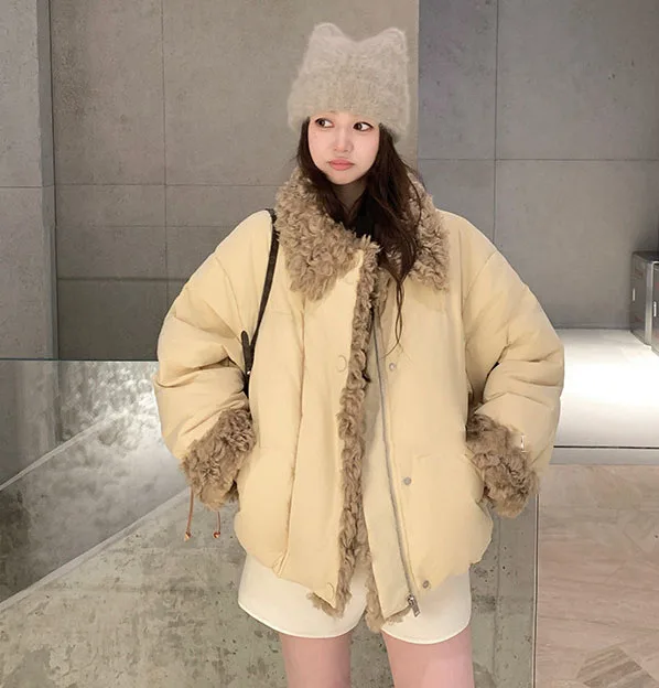 Women's Winter Cotton-padded Coat with Faux Lambswool Collar 2026 Thicken Warm Parkas Woman Preppy Style Casual Cotton Jacket