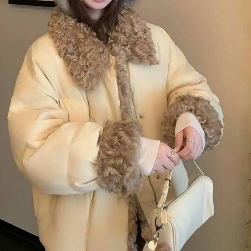 Women's Winter Cotton-padded Coat with Faux Lambswool Collar 2026 Thicken Warm Parkas Woman Preppy Style Casual Cotton Jacket