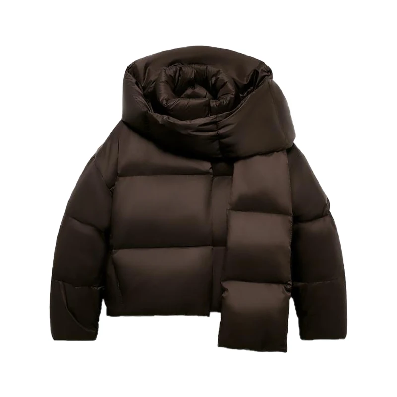 Warm Women's Detachable Scarf Collar Hooded Cotton Coat Solid Full Sleeve Buttons Pocket Thicken Jacket 2025 Winter Lady Outwear