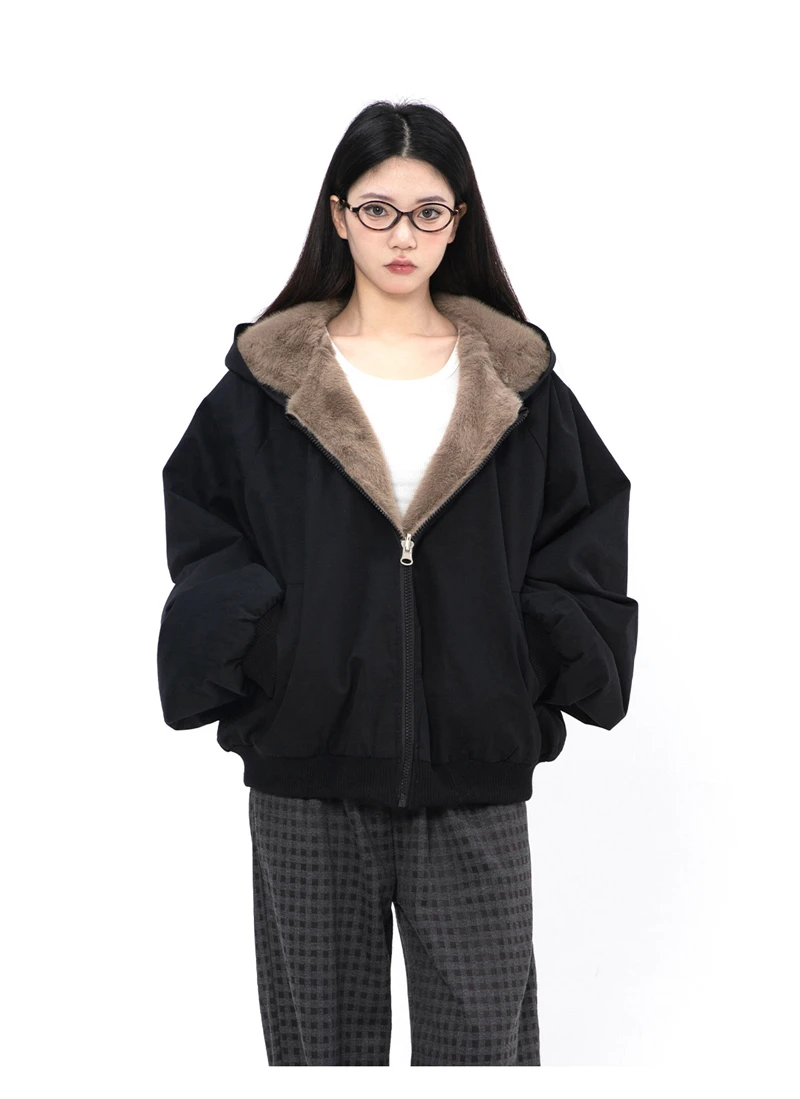 ZAROY Women Winter Jacket Double-Sided Wear Coat Casual Loose Zipper Hooded Parka Thick Warm Windproof Y2K Gothic Outwear куртка
