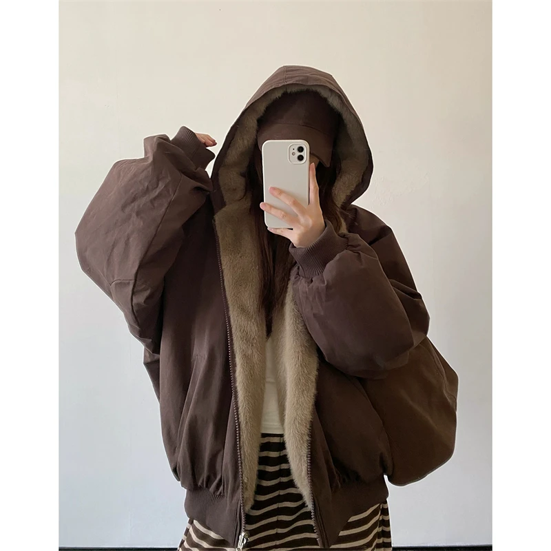 ZAROY Women Winter Jacket Double-Sided Wear Coat Casual Loose Zipper Hooded Parka Thick Warm Windproof Y2K Gothic Outwear куртка
