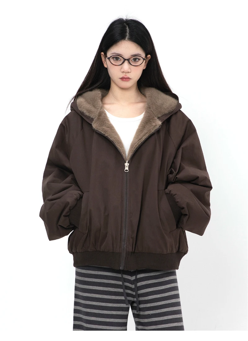 ZAROY Women Winter Jacket Double-Sided Wear Coat Casual Loose Zipper Hooded Parka Thick Warm Windproof Y2K Gothic Outwear куртка
