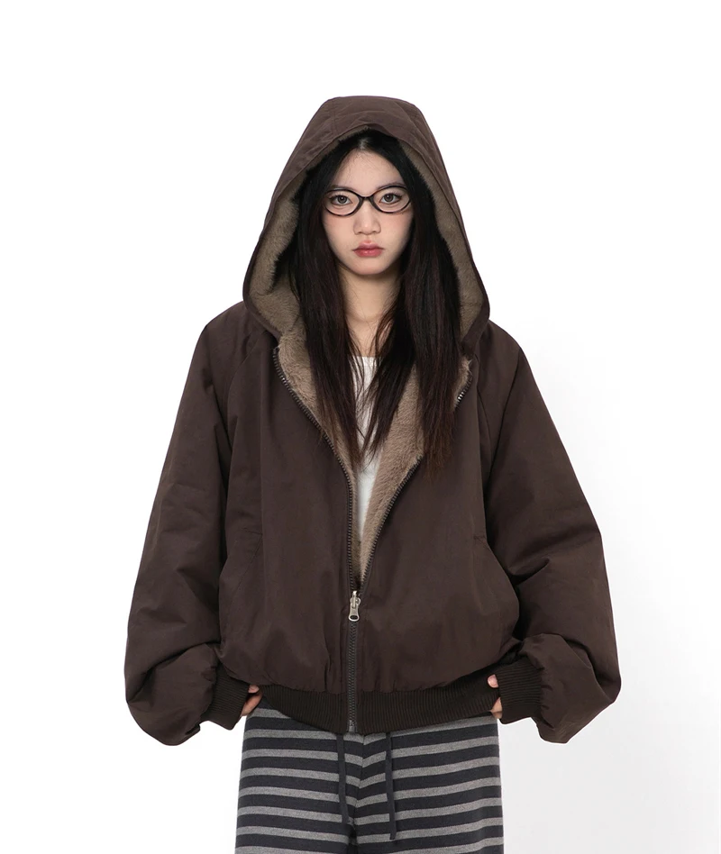 ZAROY Women Winter Jacket Double-Sided Wear Coat Casual Loose Zipper Hooded Parka Thick Warm Windproof Y2K Gothic Outwear куртка