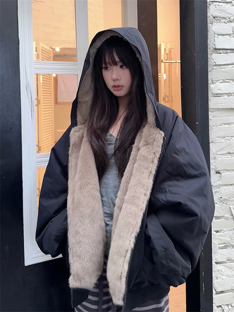 ZAROY Women Winter Jacket Double-Sided Wear Coat Casual Loose Zipper Hooded Parka Thick Warm Windproof Y2K Gothic Outwear куртка