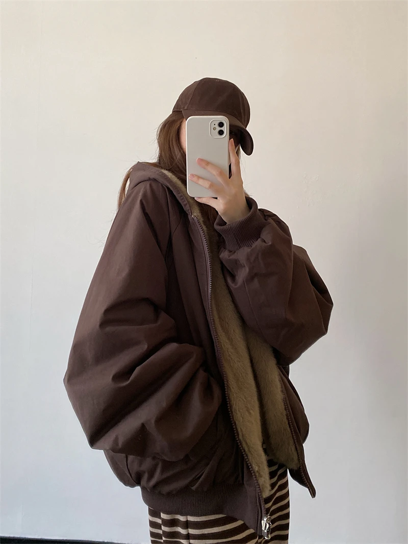 ZAROY Women Winter Jacket Double-Sided Wear Coat Casual Loose Zipper Hooded Parka Thick Warm Windproof Y2K Gothic Outwear куртка