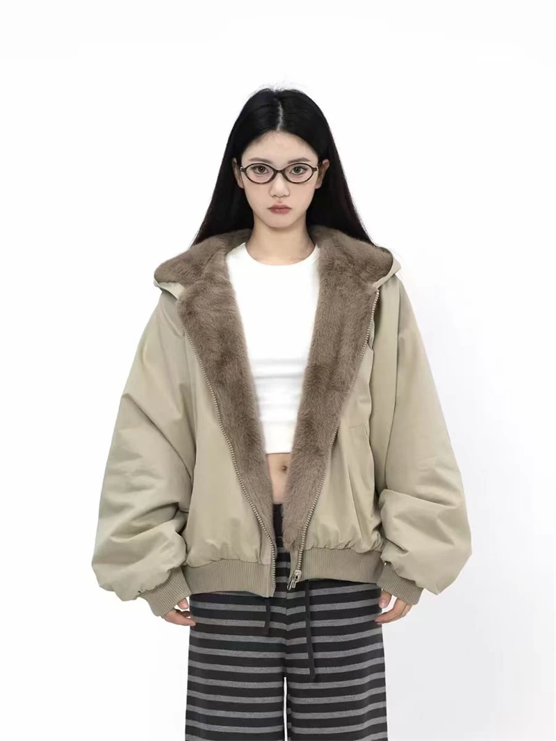 ZAROY Women Winter Jacket Double-Sided Wear Coat Casual Loose Zipper Hooded Parka Thick Warm Windproof Y2K Gothic Outwear куртка