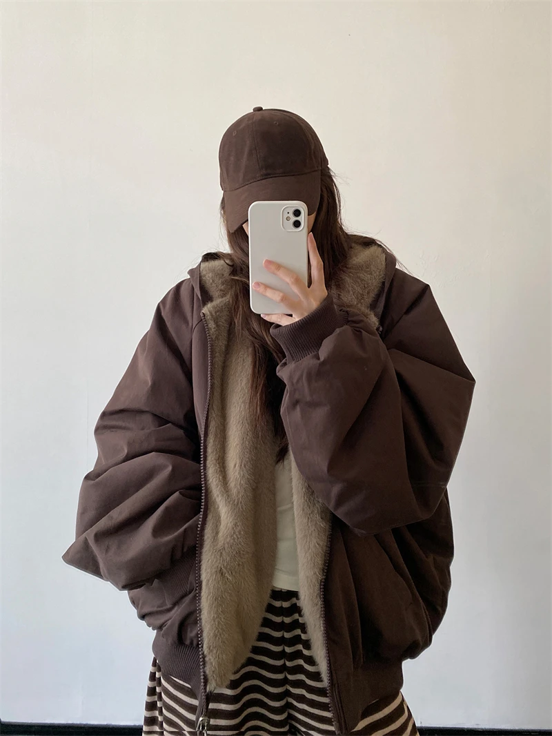 ZAROY Women Winter Jacket Double-Sided Wear Coat Casual Loose Zipper Hooded Parka Thick Warm Windproof Y2K Gothic Outwear куртка