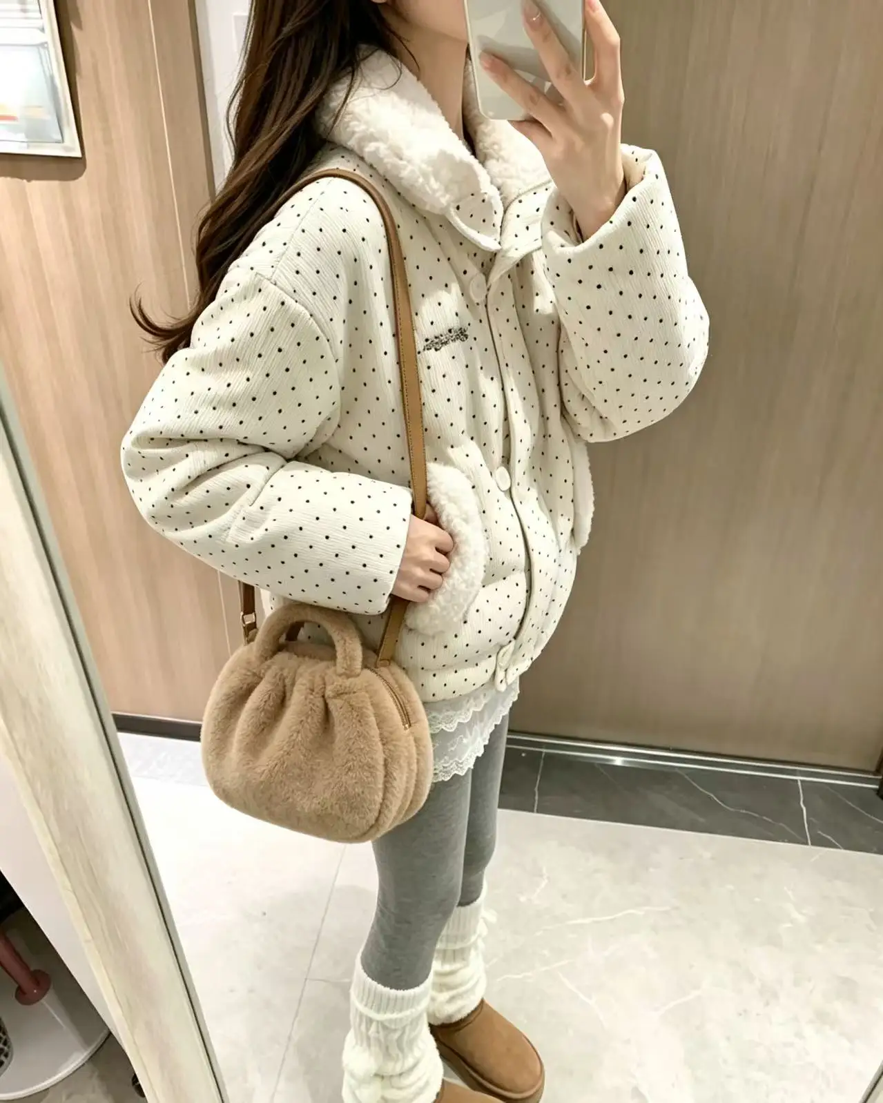 Sweet Polka Dot Corduroy Padded Parkas for Women Winter Loose Thick Crop Cotton Coat Woman Stand Collar Y2K Button Puffer Jacket