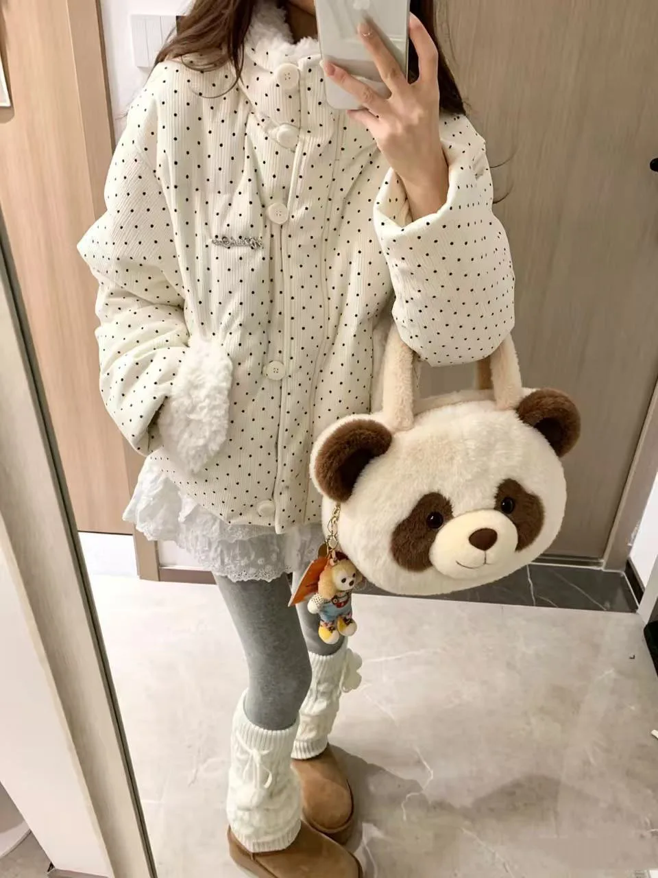 Sweet Polka Dot Corduroy Padded Parkas for Women Winter Loose Thick Crop Cotton Coat Woman Stand Collar Y2K Button Puffer Jacket