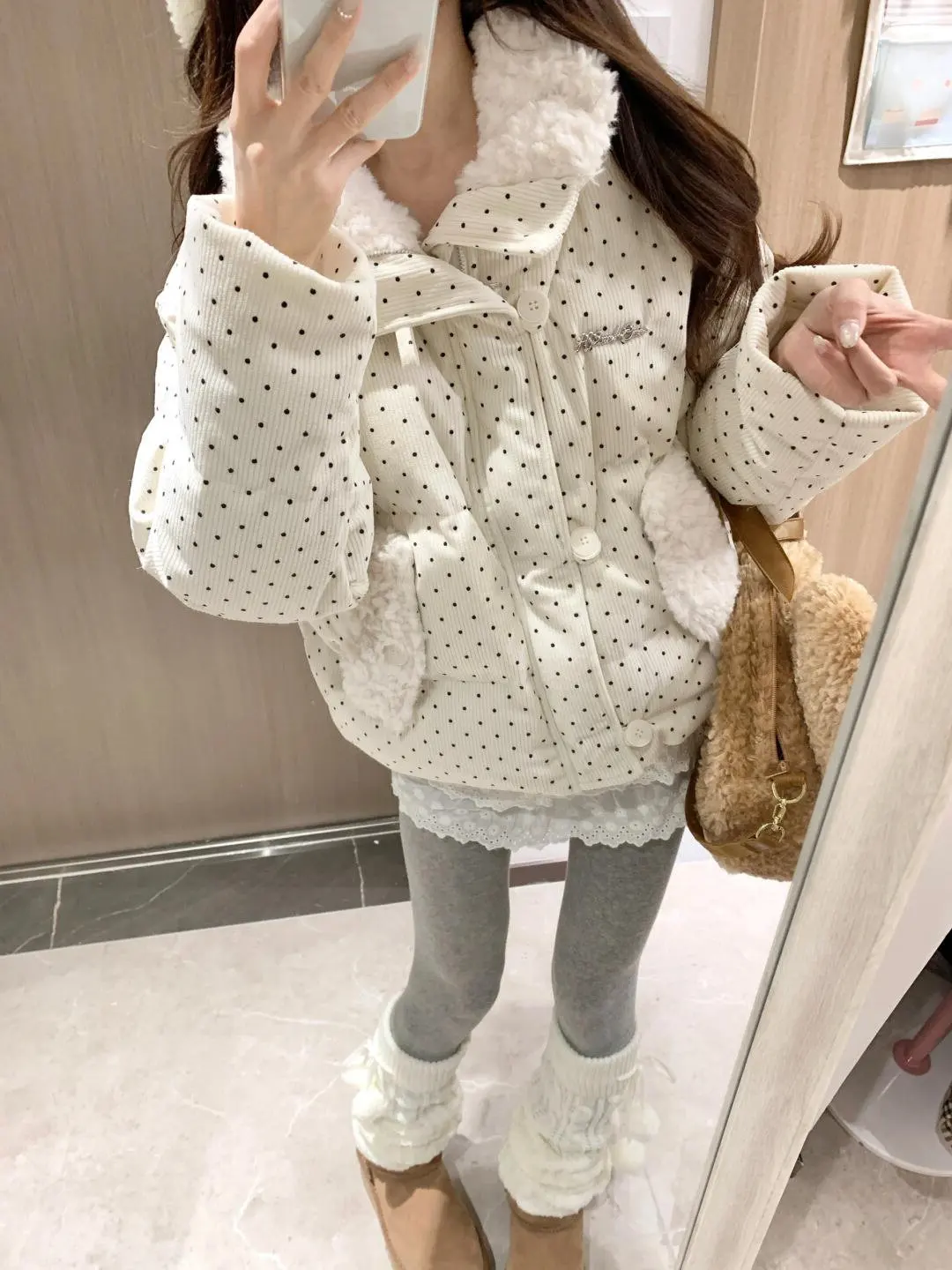 Sweet Polka Dot Corduroy Padded Parkas for Women Winter Loose Thick Crop Cotton Coat Woman Stand Collar Y2K Button Puffer Jacket