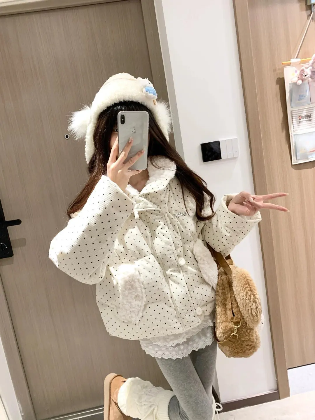 Sweet Polka Dot Corduroy Padded Parkas for Women Winter Loose Thick Crop Cotton Coat Woman Stand Collar Y2K Button Puffer Jacket