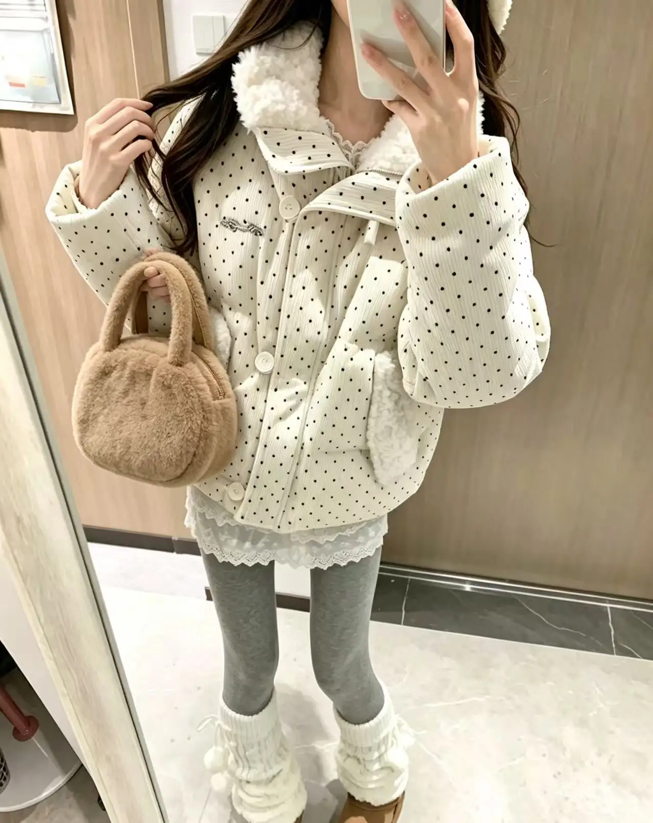 Sweet Polka Dot Corduroy Padded Parkas for Women Winter Loose Thick Crop Cotton Coat Woman Stand Collar Y2K Button Puffer Jacket