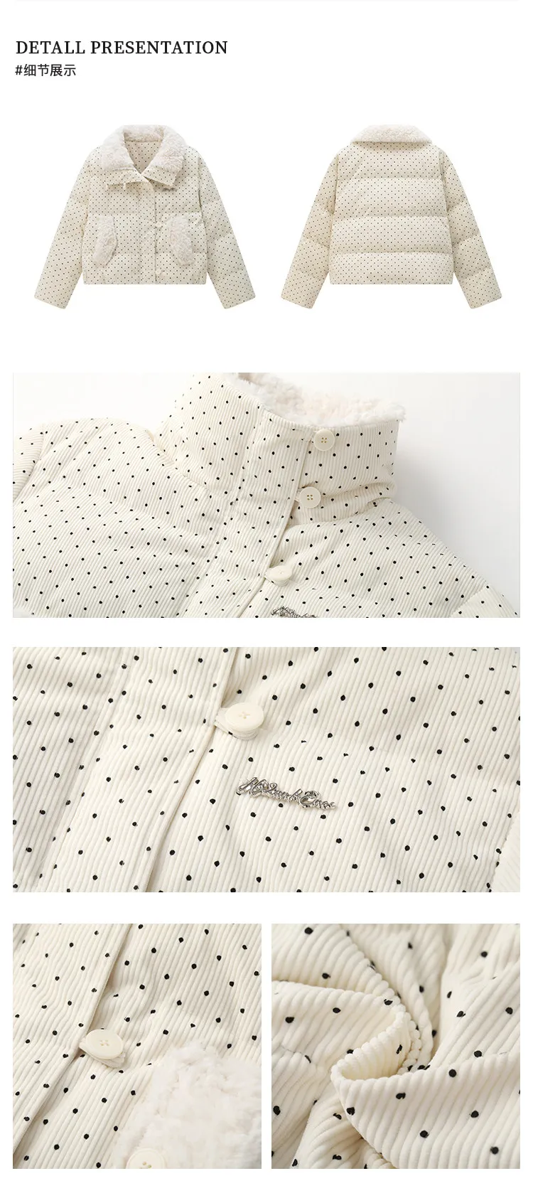 Sweet Polka Dot Corduroy Padded Parkas for Women Winter Loose Thick Crop Cotton Coat Woman Stand Collar Y2K Button Puffer Jacket
