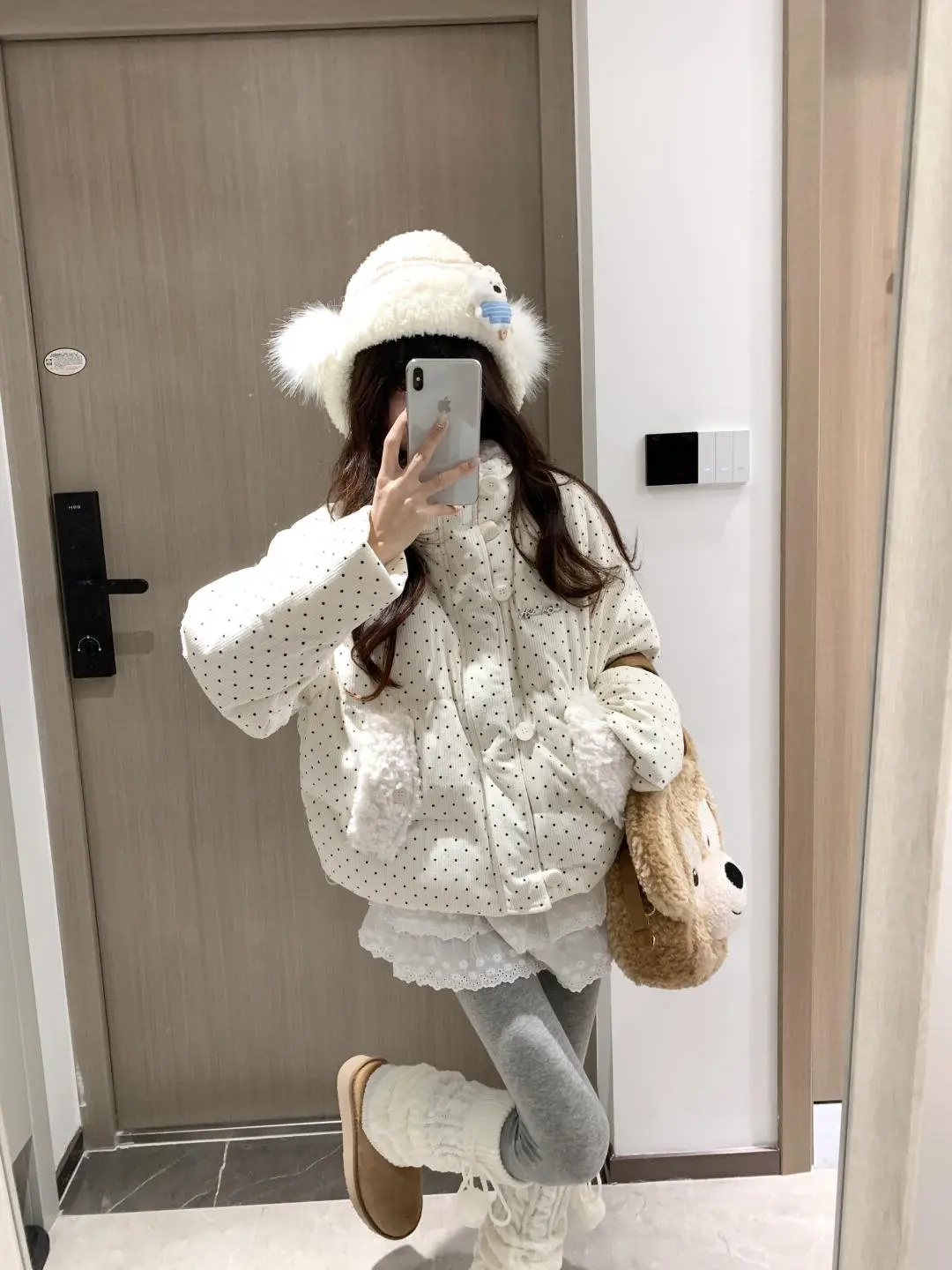 Sweet Polka Dot Corduroy Padded Parkas for Women Winter Loose Thick Crop Cotton Coat Woman Stand Collar Y2K Button Puffer Jacket