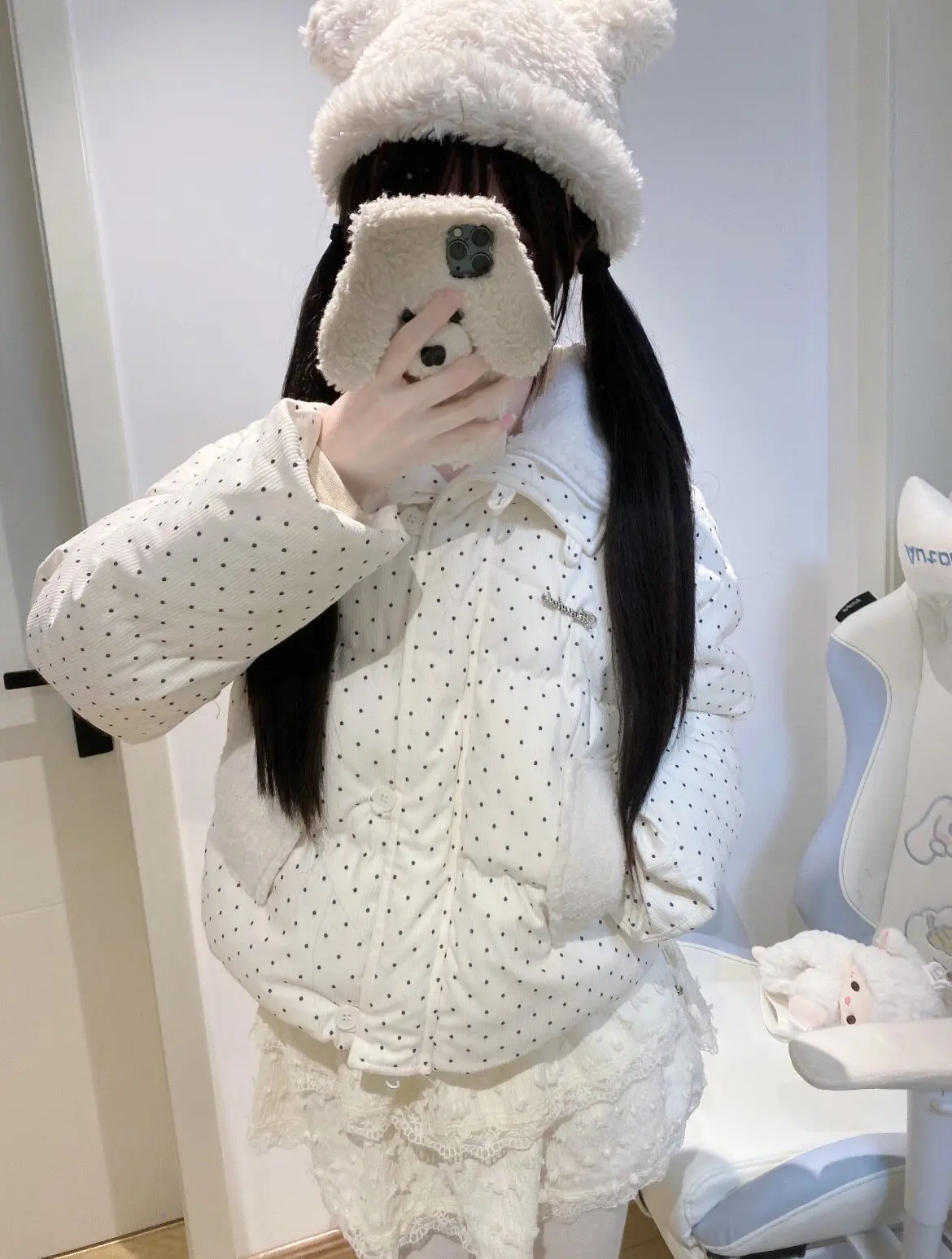 Sweet Polka Dot Corduroy Padded Parkas for Women Winter Loose Thick Crop Cotton Coat Woman Stand Collar Y2K Button Puffer Jacket