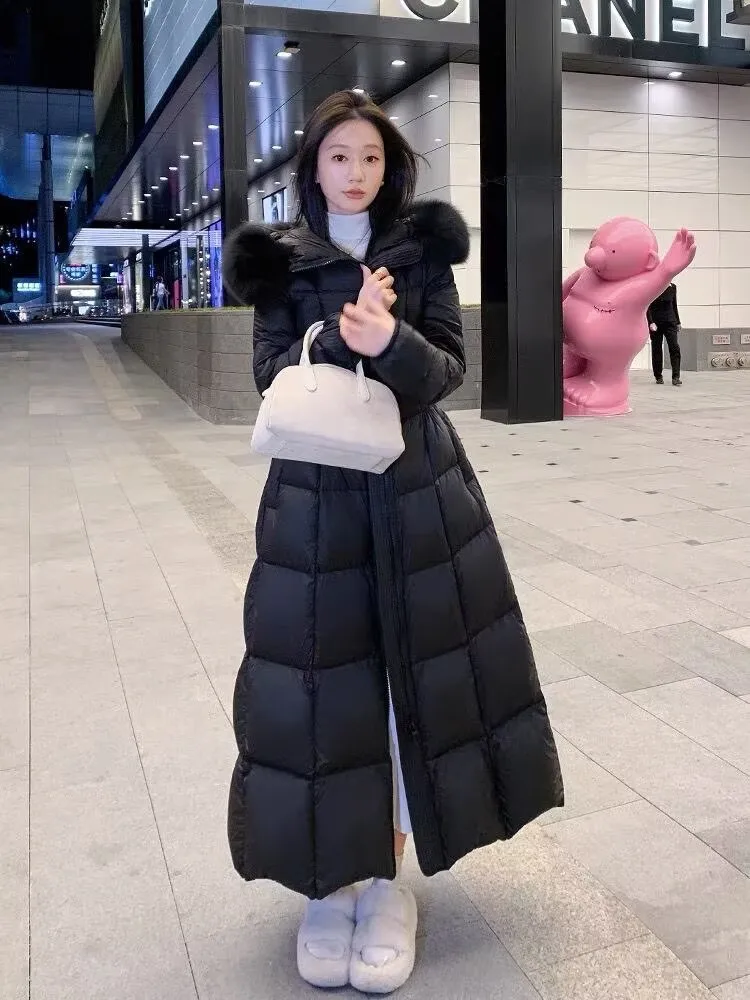 Fashion Women's Long Down Cotton Jacket Slim Fit Thicken Warm Winter Snow Coat With Belted Commute Korean Puffer Parkas
