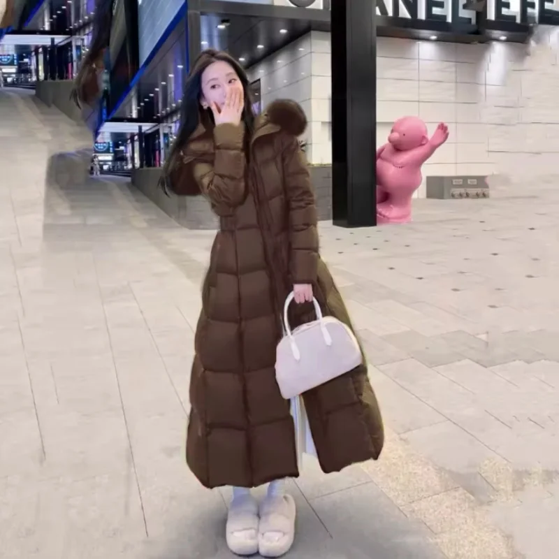 Fashion Women's Long Down Cotton Jacket Slim Fit Thicken Warm Winter Snow Coat With Belted Commute Korean Puffer Parkas