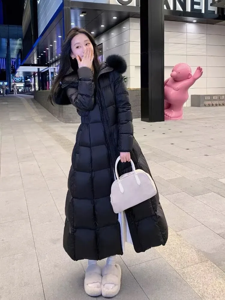 Fashion Women's Long Down Cotton Jacket Slim Fit Thicken Warm Winter Snow Coat With Belted Commute Korean Puffer Parkas