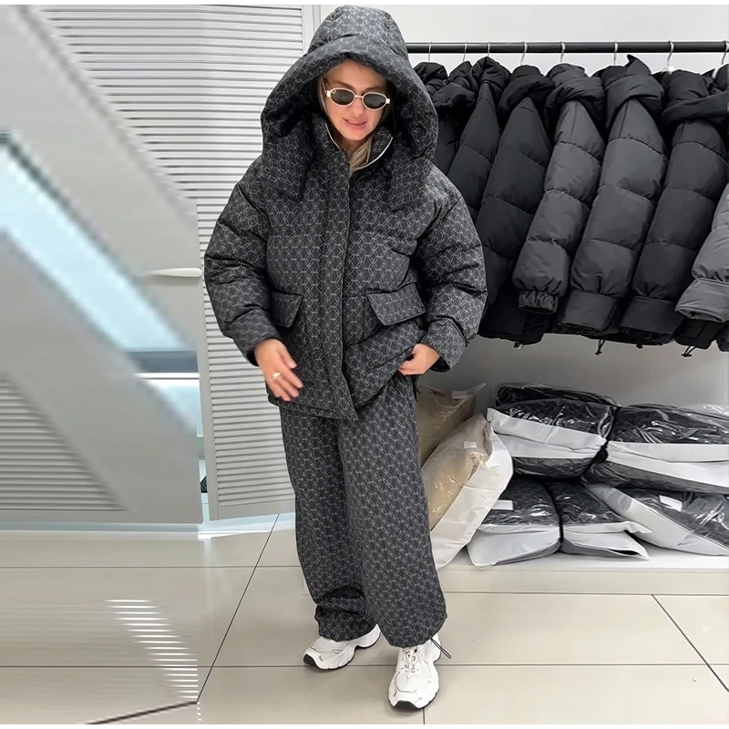 Fashion Print Hooded Puffer Coat Set Women Quilted High Neck Full Sleeve Zip Pockets Jacket Wide Leg Pants 2026 Winter Warm Sets