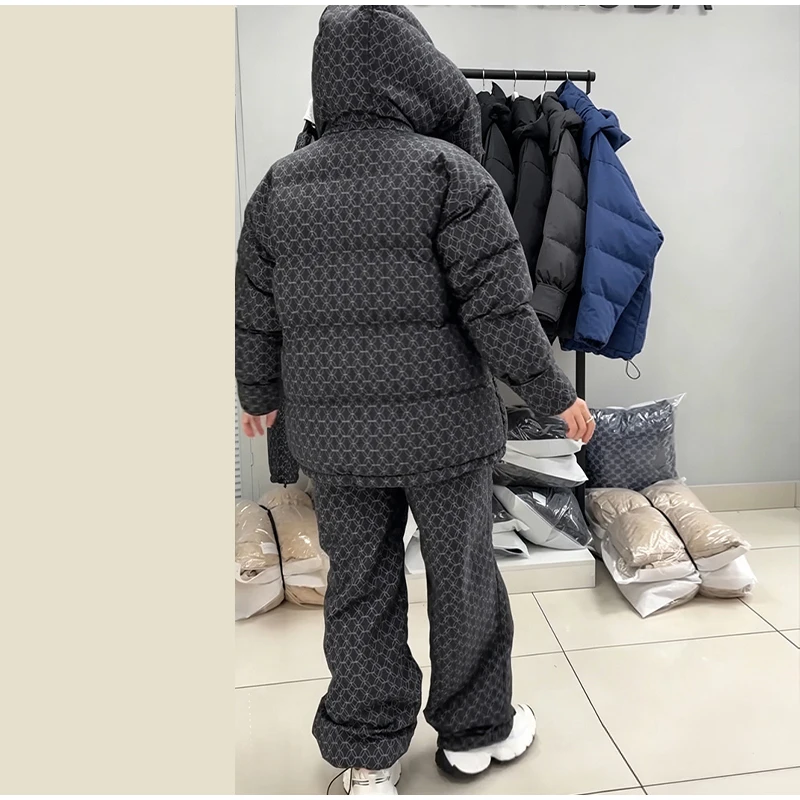 Fashion Print Hooded Puffer Coat Set Women Quilted High Neck Full Sleeve Zip Pockets Jacket Wide Leg Pants 2026 Winter Warm Sets