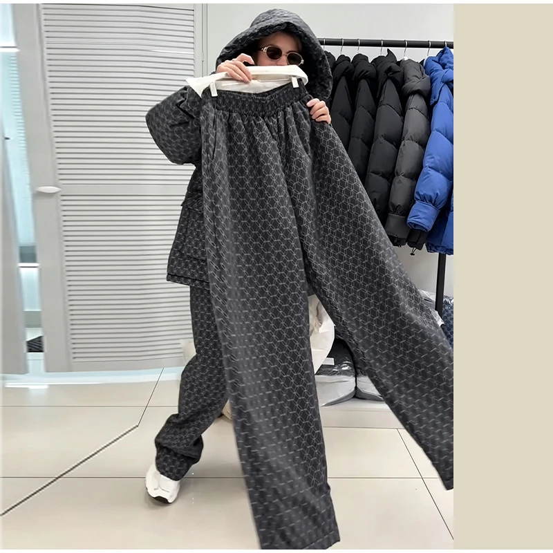 Fashion Print Hooded Puffer Coat Set Women Quilted High Neck Full Sleeve Zip Pockets Jacket Wide Leg Pants 2026 Winter Warm Sets