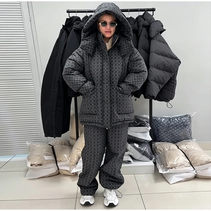 Fashion Print Hooded Puffer Coat Set Women Quilted High Neck Full Sleeve Zip Pockets Jacket Wide Leg Pants 2026 Winter Warm Sets