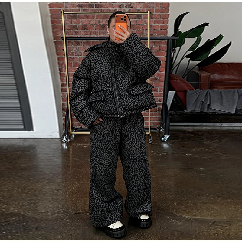 Fashion Print Hooded Puffer Coat Set Women Quilted High Neck Full Sleeve Zip Pockets Jacket Wide Leg Pants 2026 Winter Warm Sets