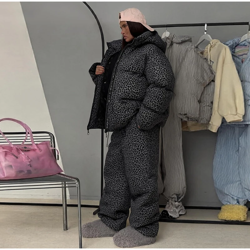 Fashion Print Hooded Puffer Coat Set Women Quilted High Neck Full Sleeve Zip Pockets Jacket Wide Leg Pants 2026 Winter Warm Sets
