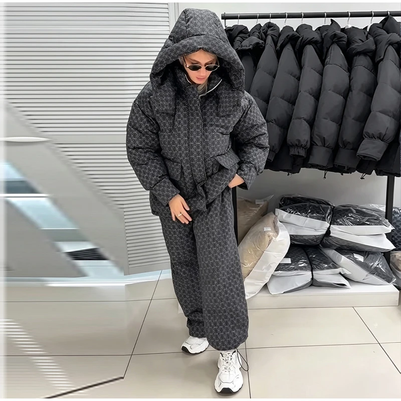 Fashion Print Hooded Puffer Coat Set Women Quilted High Neck Full Sleeve Zip Pockets Jacket Wide Leg Pants 2026 Winter Warm Sets
