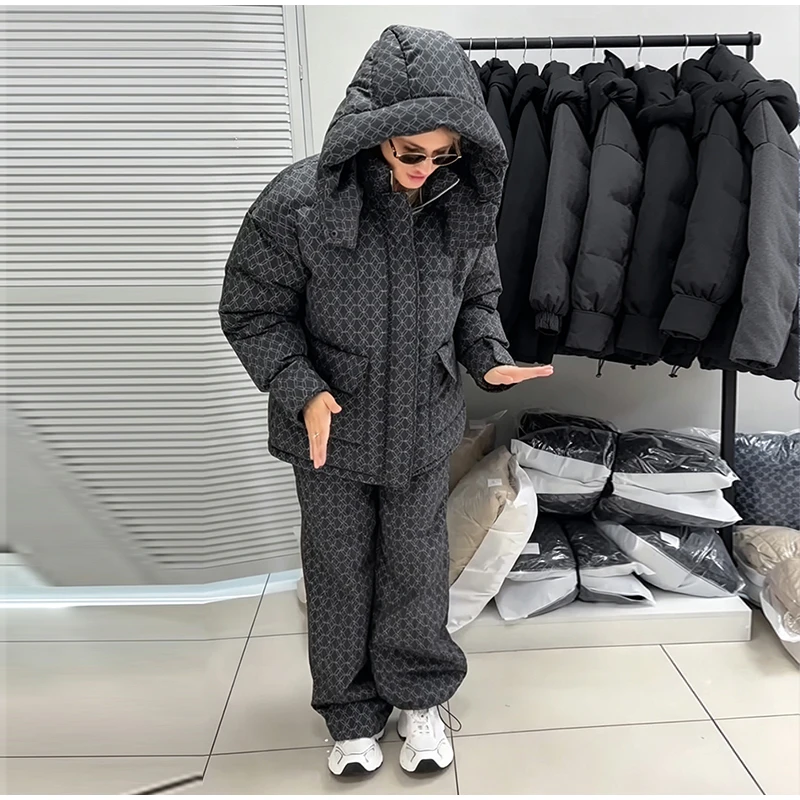 Fashion Print Hooded Puffer Coat Set Women Quilted High Neck Full Sleeve Zip Pockets Jacket Wide Leg Pants 2026 Winter Warm Sets