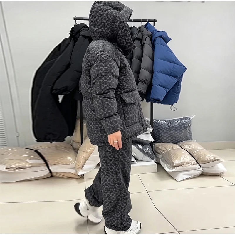 Fashion Print Hooded Puffer Coat Set Women Quilted High Neck Full Sleeve Zip Pockets Jacket Wide Leg Pants 2026 Winter Warm Sets