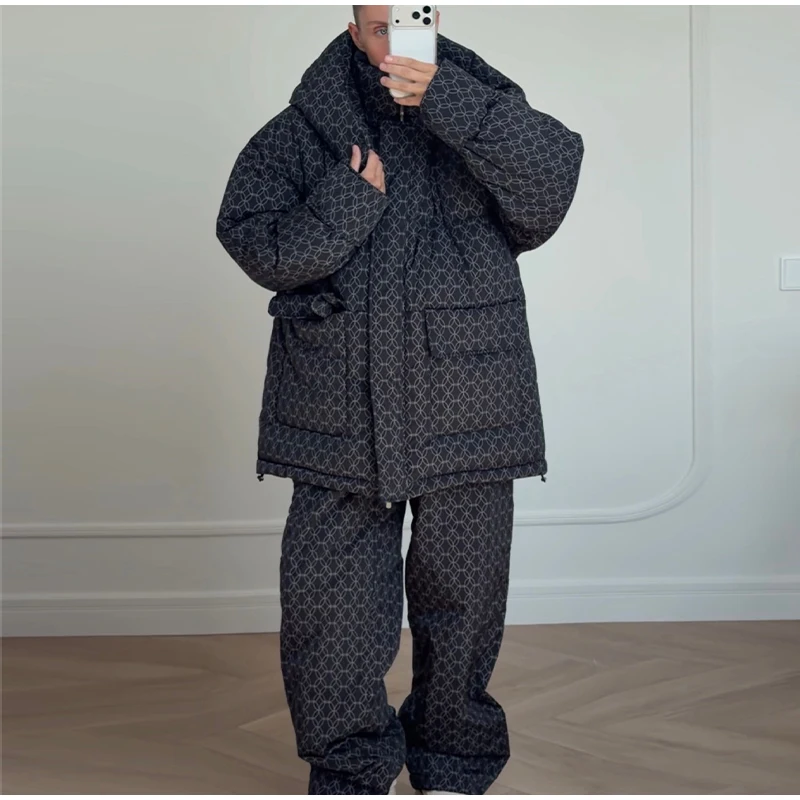 Fashion Print Hooded Puffer Coat Set Women Quilted High Neck Full Sleeve Zip Pockets Jacket Wide Leg Pants 2026 Winter Warm Sets