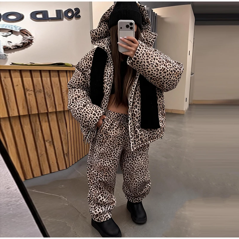 Fashion Print Hooded Puffer Coat Set Women Quilted High Neck Full Sleeve Zip Pockets Jacket Wide Leg Pants 2026 Winter Warm Sets
