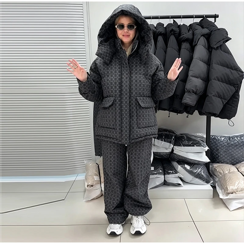 Fashion Print Hooded Puffer Coat Set Women Quilted High Neck Full Sleeve Zip Pockets Jacket Wide Leg Pants 2026 Winter Warm Sets