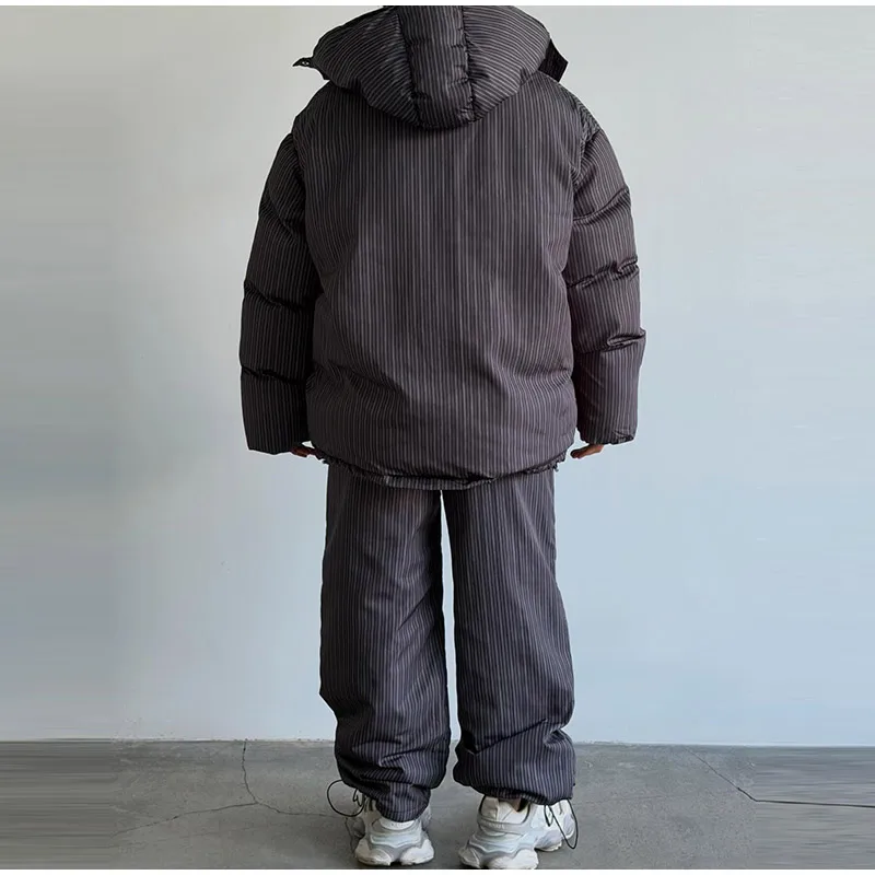 Fashion Print Hooded Puffer Coat Set Women Quilted High Neck Full Sleeve Zip Pockets Jacket Wide Leg Pants 2026 Winter Warm Sets