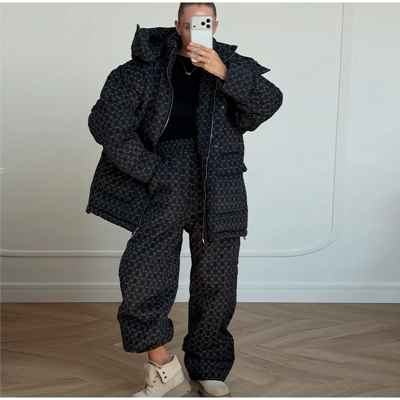 Fashion Print Hooded Puffer Coat Set Women Quilted High Neck Full Sleeve Zip Pockets Jacket Wide Leg Pants 2026 Winter Warm Sets