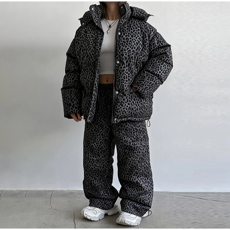 Fashion Print Hooded Puffer Coat Set Women Quilted High Neck Full Sleeve Zip Pockets Jacket Wide Leg Pants 2026 Winter Warm Sets