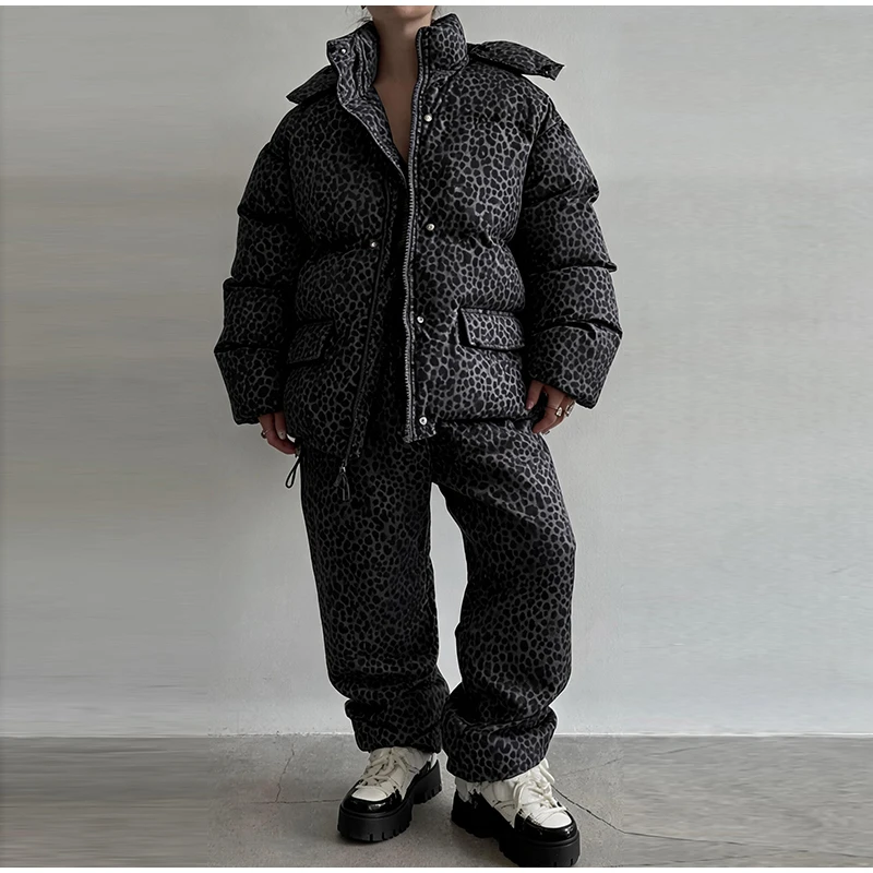 Fashion Print Hooded Puffer Coat Set Women Quilted High Neck Full Sleeve Zip Pockets Jacket Wide Leg Pants 2026 Winter Warm Sets