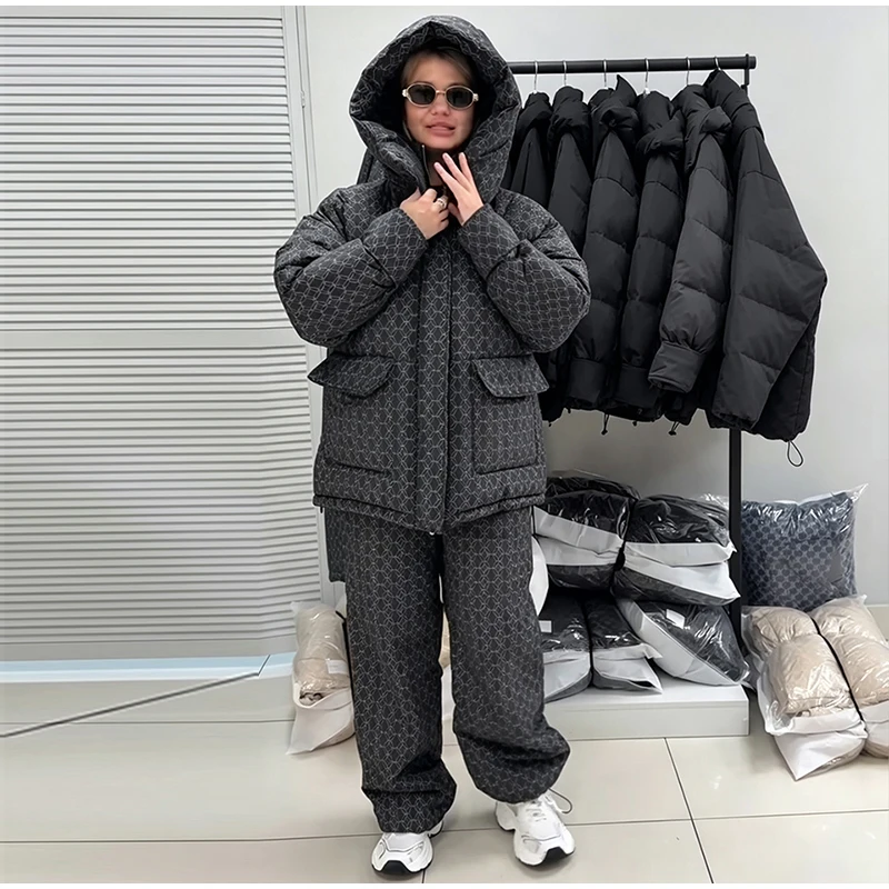 Fashion Print Hooded Puffer Coat Set Women Quilted High Neck Full Sleeve Zip Pockets Jacket Wide Leg Pants 2026 Winter Warm Sets