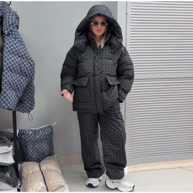 Fashion Print Hooded Puffer Coat Set Women Quilted High Neck Full Sleeve Zip Pockets Jacket Wide Leg Pants 2026 Winter Warm Sets